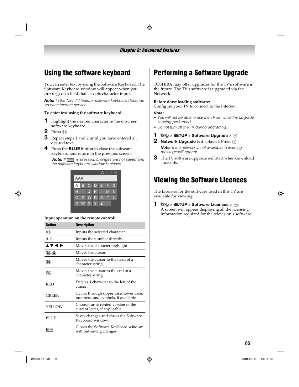 Using the software keyboard, Performing a software upgrade, Viewing the software licences | Toshiba WX800U User Manual | Page 65 / 106