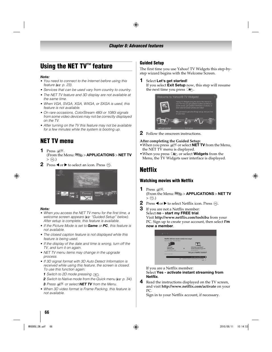 Using the net tv, Feature, Net tv menu | Netflix | Toshiba WX800U User Manual | Page 66 / 106