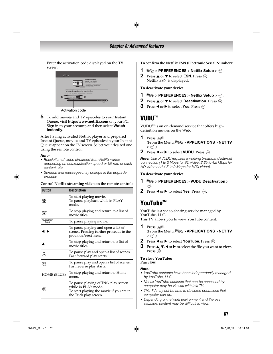 Vudu, Youtube | Toshiba WX800U User Manual | Page 67 / 106