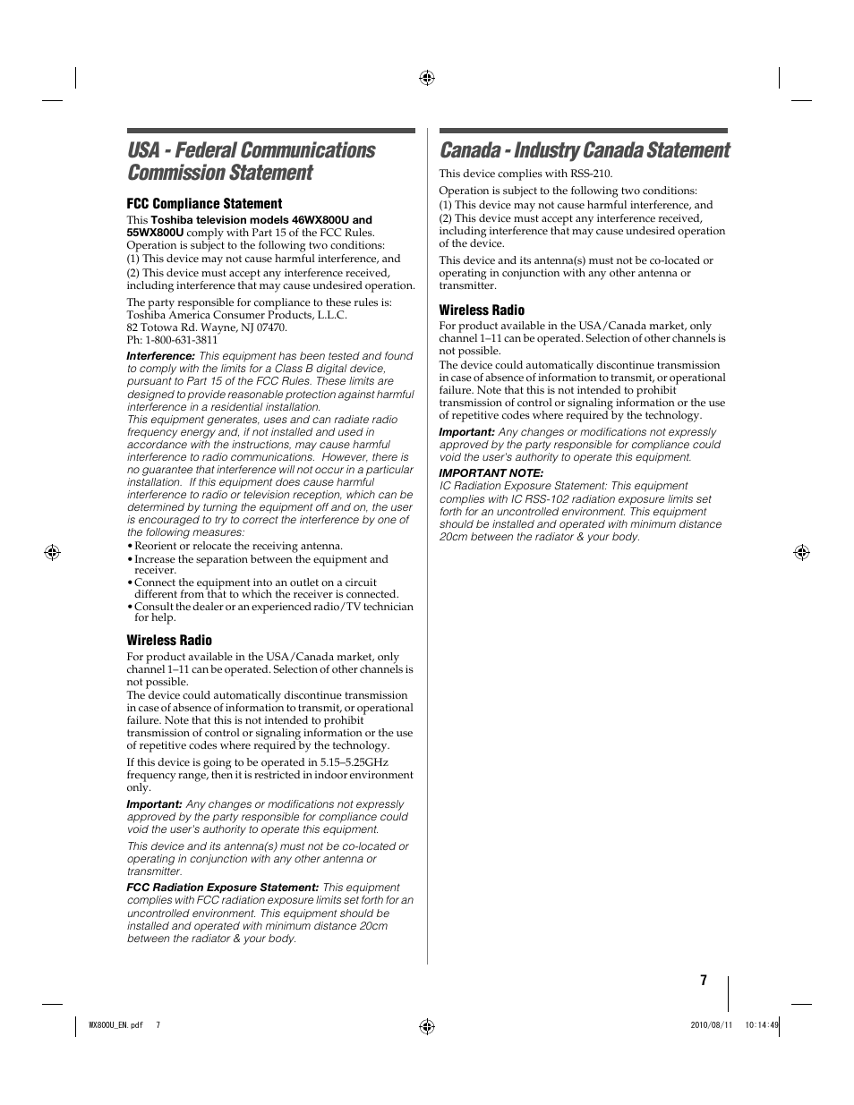 Usa - federal communications commission statement, Canada - industry canada statement | Toshiba WX800U User Manual | Page 7 / 106