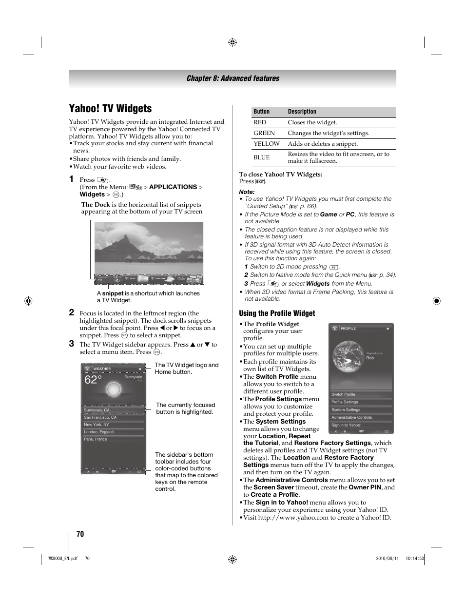Yahoo! tv widgets | Toshiba WX800U User Manual | Page 70 / 106