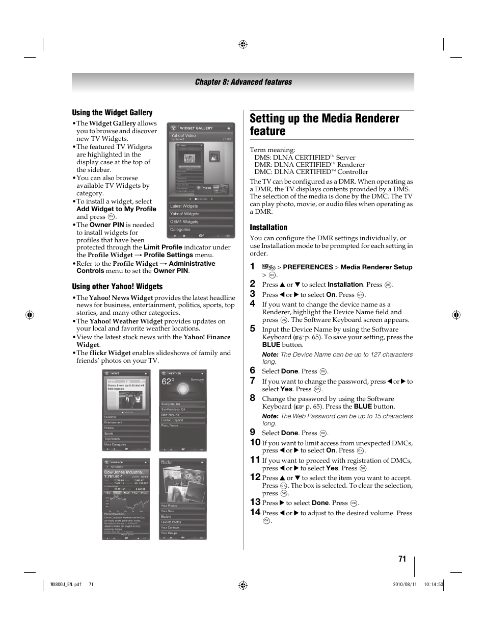 Setting up the media renderer feature | Toshiba WX800U User Manual | Page 71 / 106