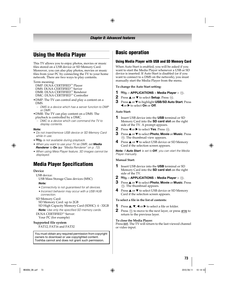 Using the media player, Media player specifications, Basic operation | Toshiba WX800U User Manual | Page 73 / 106