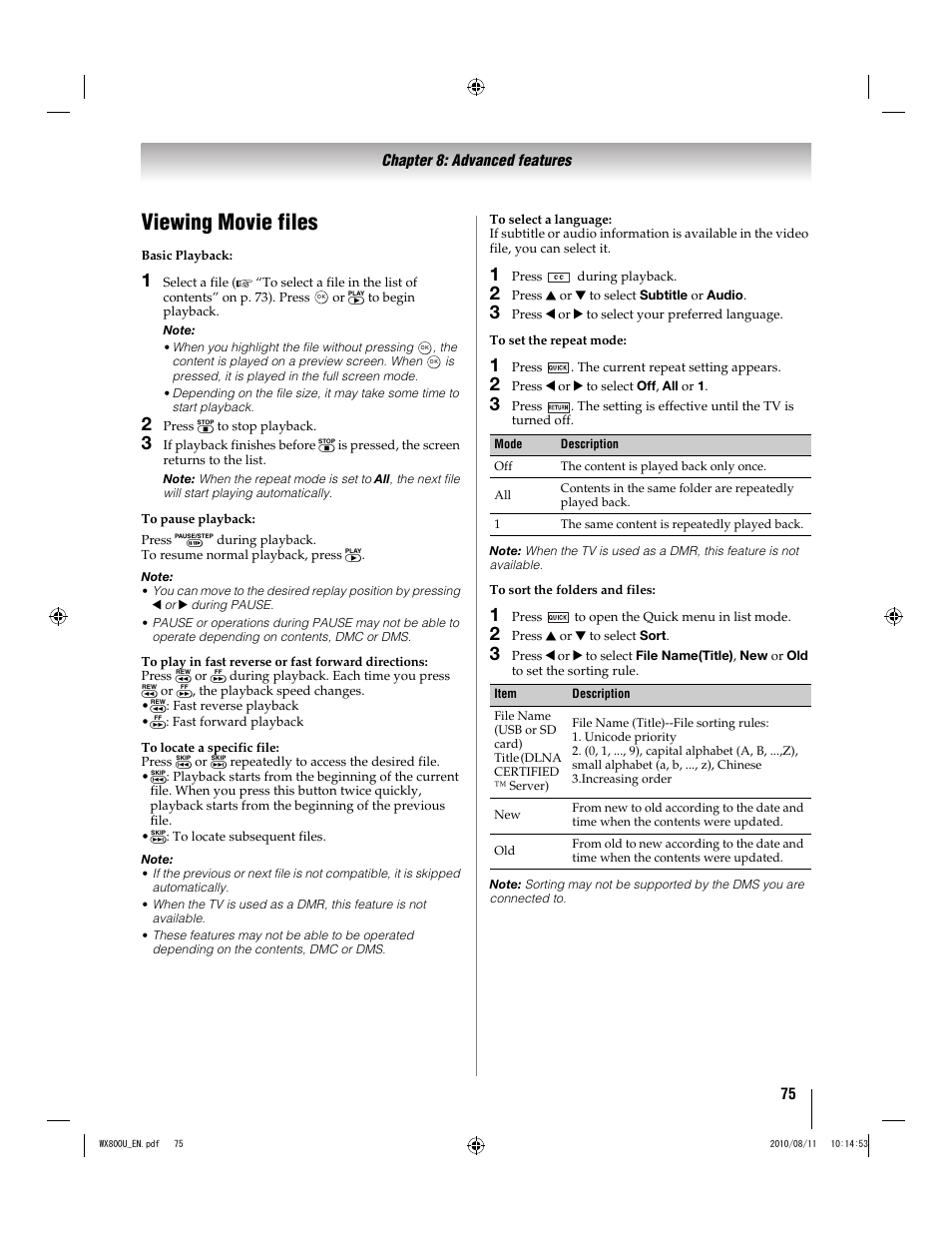 Viewing movie files | Toshiba WX800U User Manual | Page 75 / 106