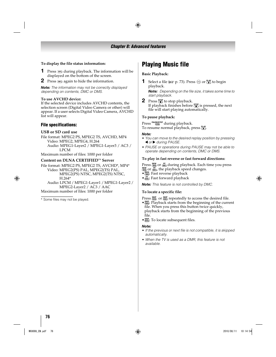 Playing music file | Toshiba WX800U User Manual | Page 76 / 106