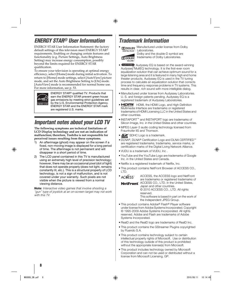 Energy star, User information, Trademark information | Toshiba WX800U User Manual | Page 8 / 106