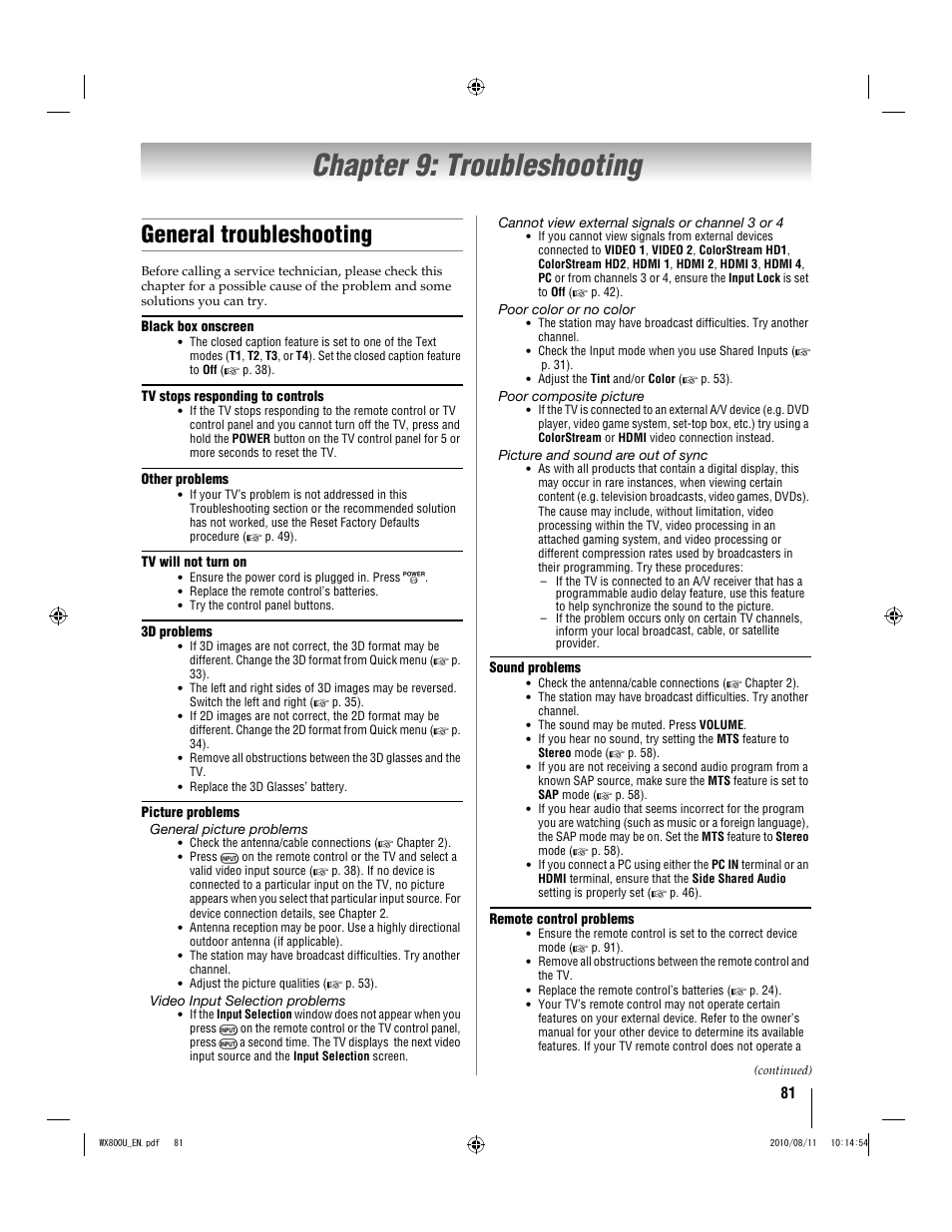 Chapter 9: troubleshooting, General troubleshooting | Toshiba WX800U User Manual | Page 81 / 106