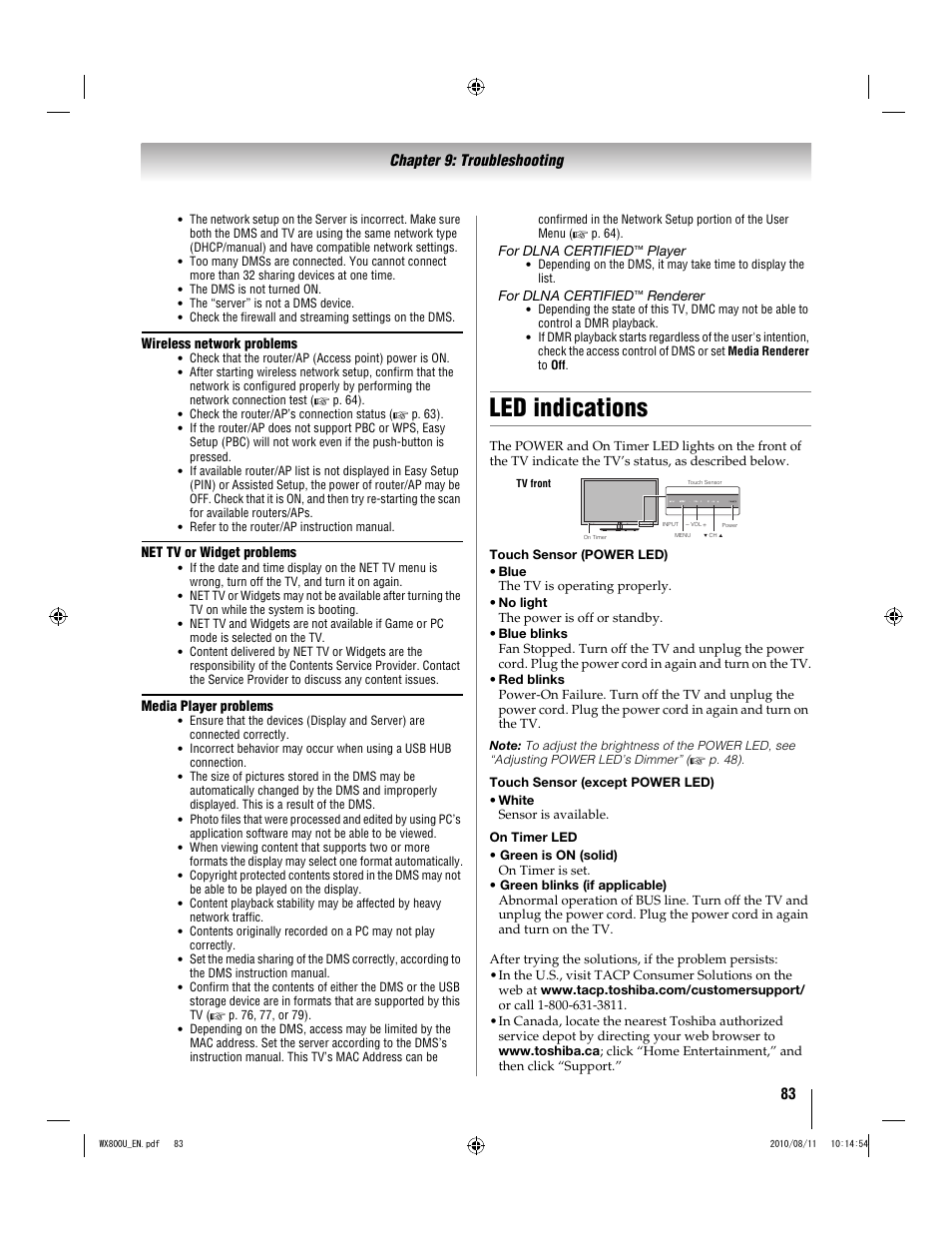 Led indications | Toshiba WX800U User Manual | Page 83 / 106