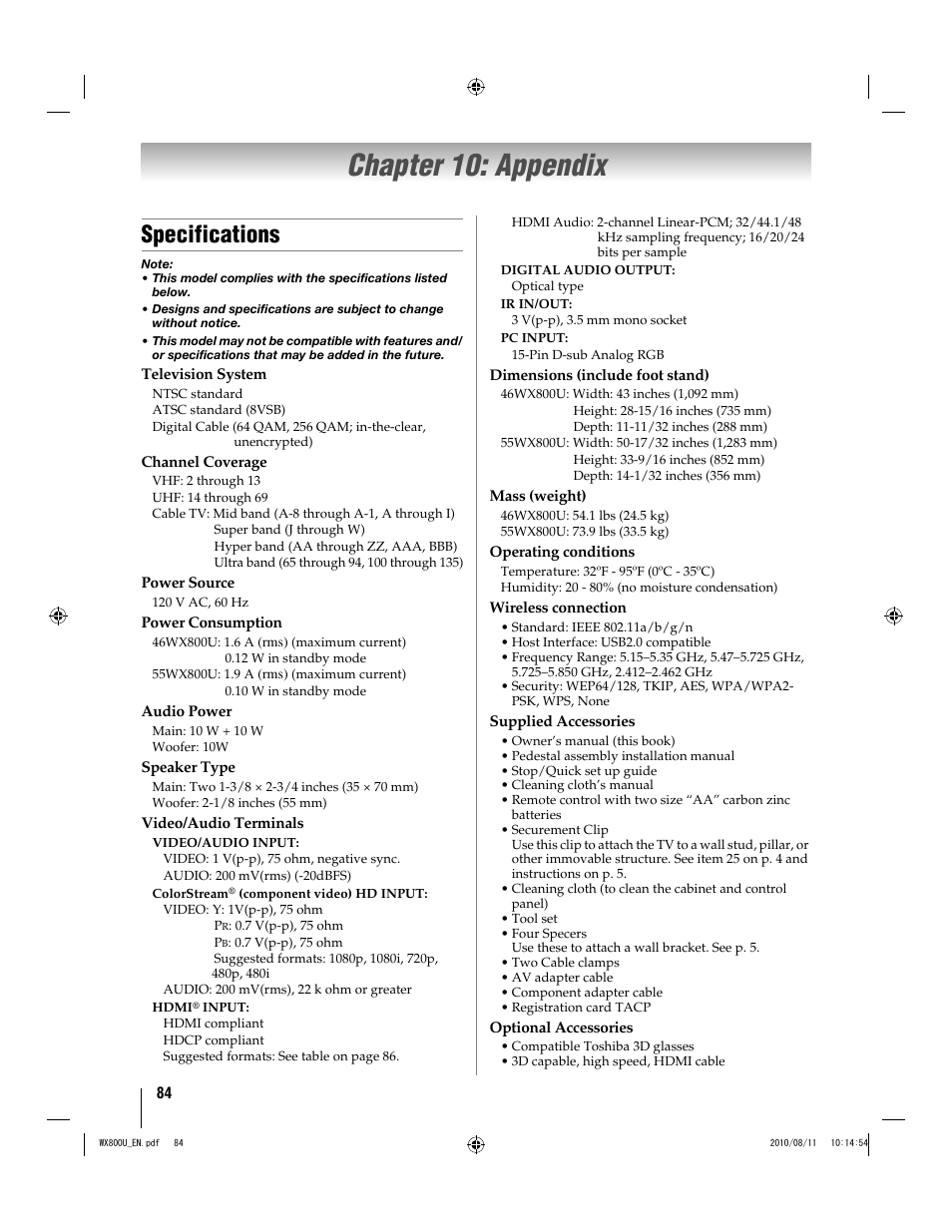 Chapter 10: appendix, Specifications | Toshiba WX800U User Manual | Page 84 / 106