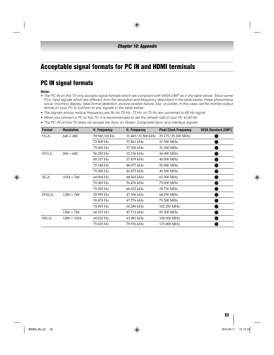 Pc in signal formats | Toshiba WX800U User Manual | Page 85 / 106