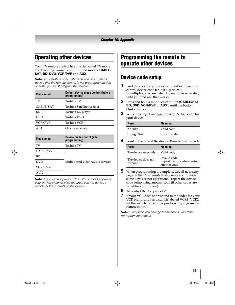 Operating other devices, Programming the remote to operate other devices, Device code setup | Toshiba WX800U User Manual | Page 91 / 106