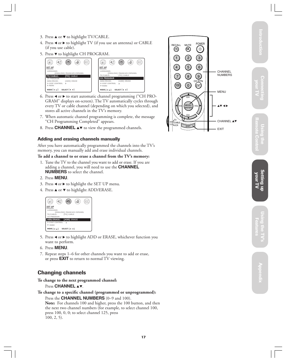 Changing channels, Adding and erasing channels manually | Toshiba 32A12 User Manual | Page 17 / 36
