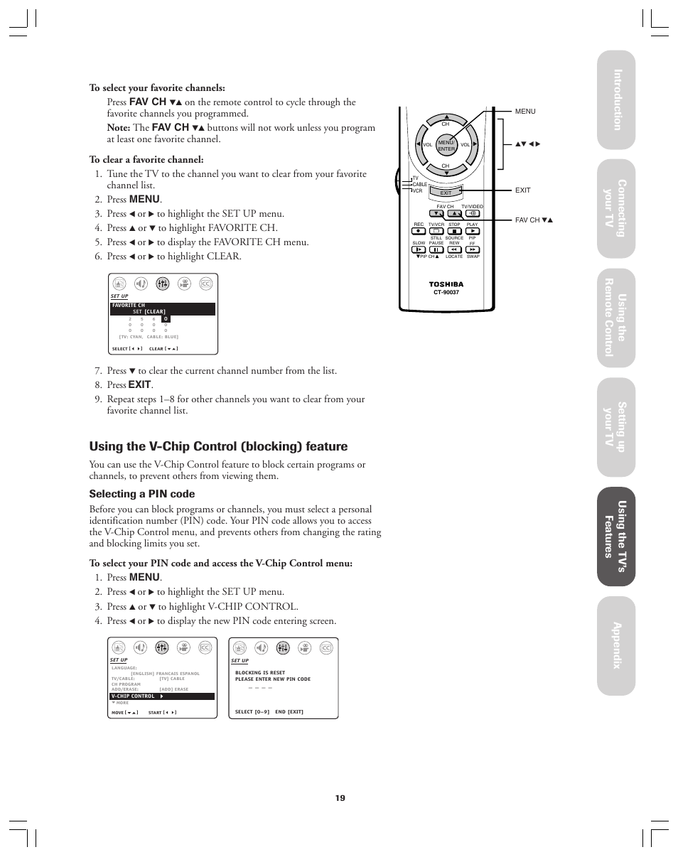 Using the v-chip control (blocking) feature, Selecting a pin code, Press | Toshiba 32A12 User Manual | Page 19 / 36