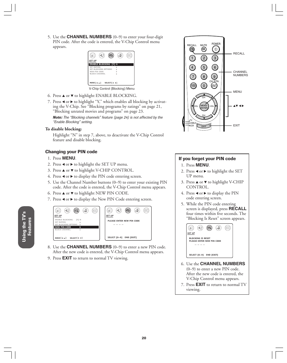 Using the t v’s f eatur es, Changing your pin code, If you forget your pin code | Toshiba 32A12 User Manual | Page 20 / 36