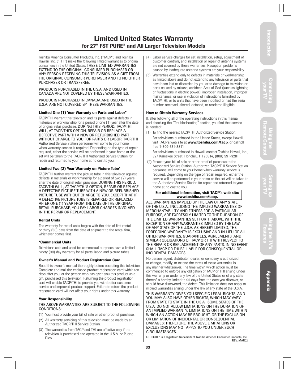 Limited united states warranty | Toshiba 32A12 User Manual | Page 33 / 36