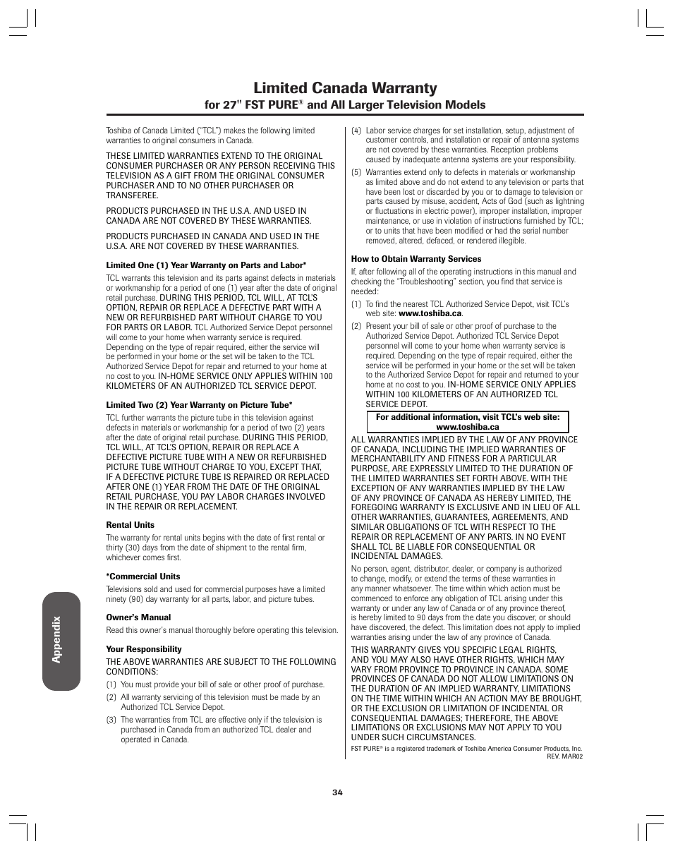 Limited canada warranty, For 27'' fst pure, And all larger television models | Toshiba 32A12 User Manual | Page 34 / 36