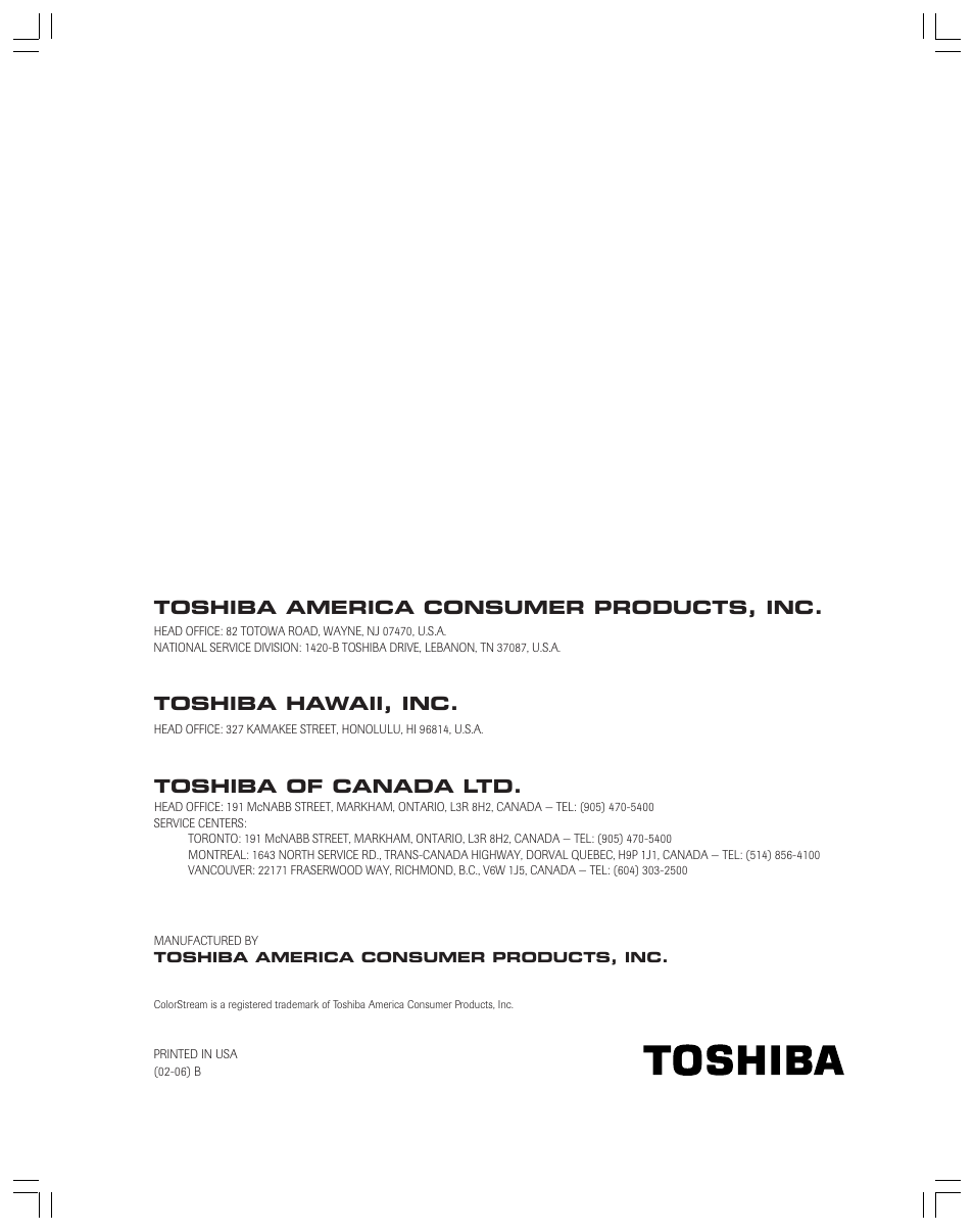 Toshiba of canada ltd, Toshiba hawaii, inc, Toshiba america consumer products, inc | Toshiba 32A12 User Manual | Page 36 / 36