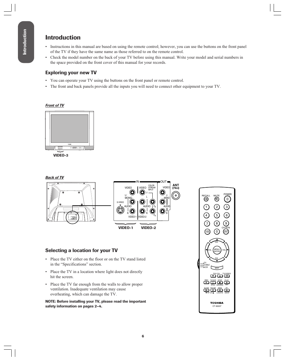 Introduction, Exploring your new tv, Selecting a location for your tv | Intr oduction | Toshiba 32A12 User Manual | Page 6 / 36