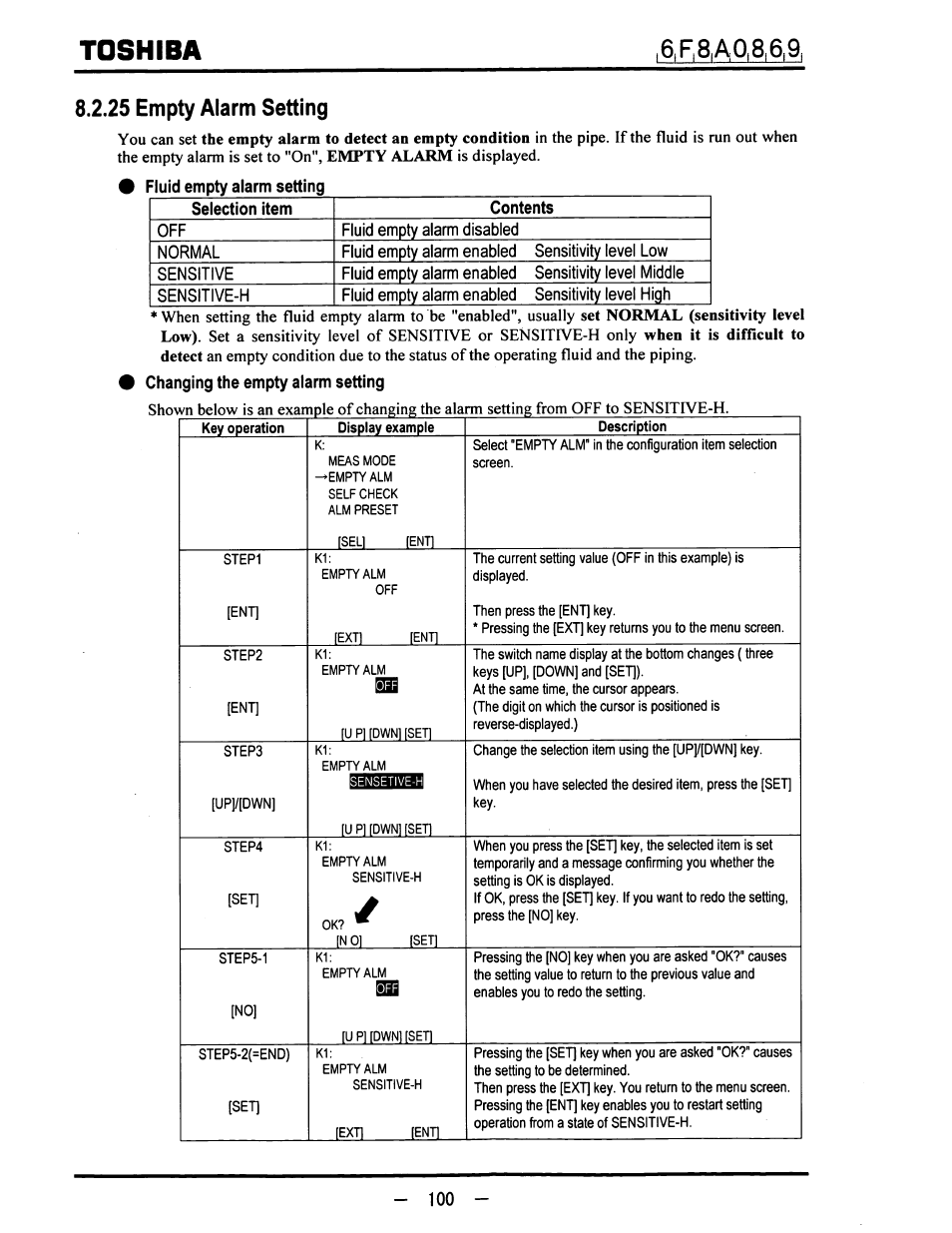 25 empty alarm setting, Fluid empty alarm setting, Changing the empty alarm setting | Toshiba | Toshiba LF600F User Manual | Page 101 / 162