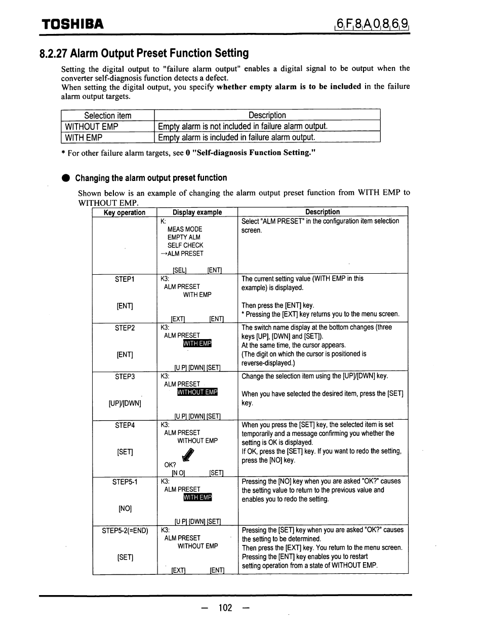27 alarm output preset function setting, Toshiba | Toshiba LF600F User Manual | Page 103 / 162