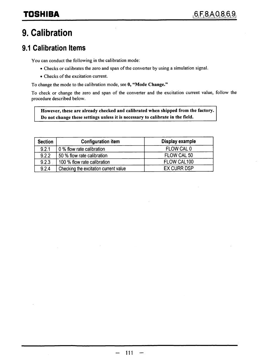 Calibration, 1 calibration items, Calibration 9.1 calibration items | Toshiba | Toshiba LF600F User Manual | Page 112 / 162
