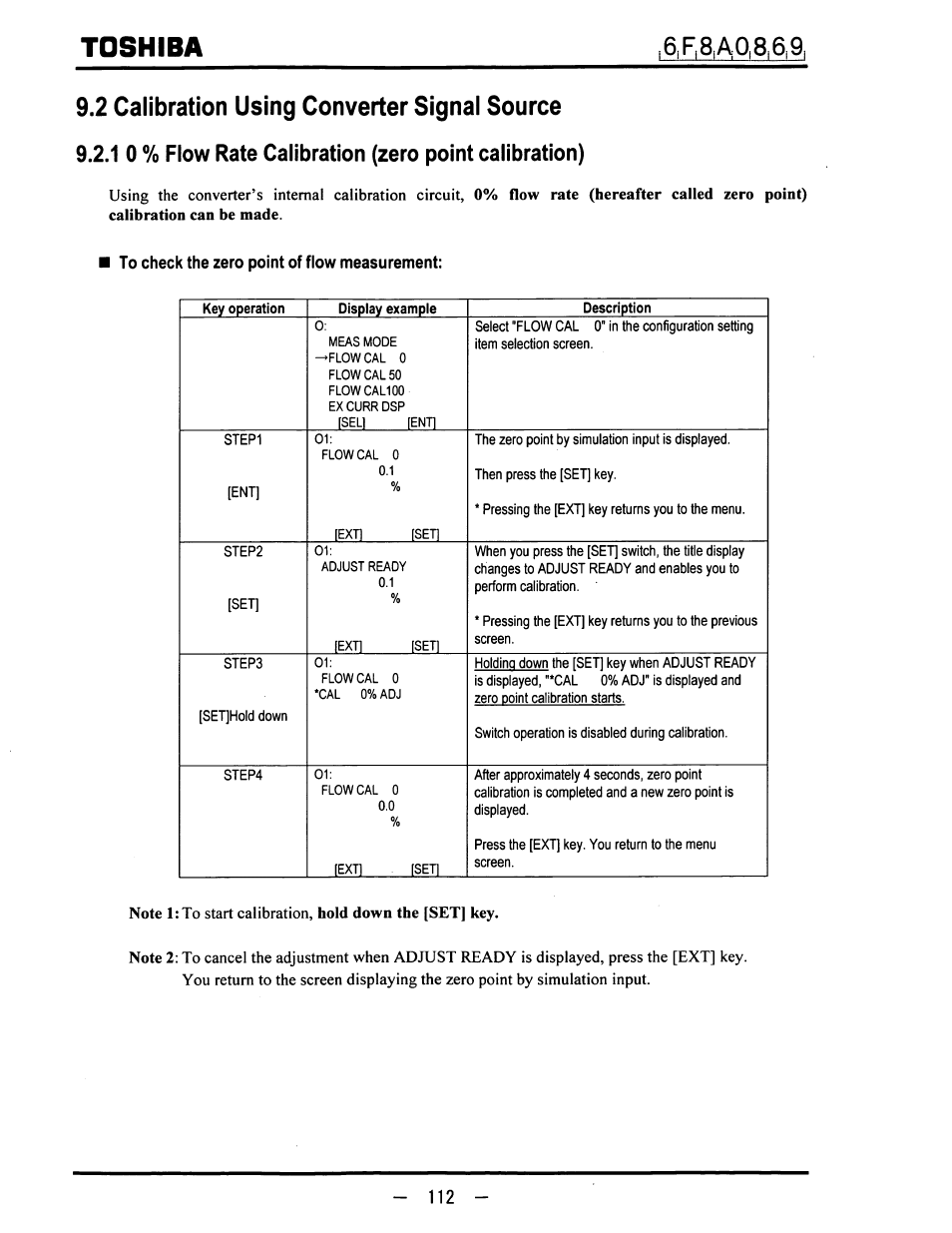 2 calibration using converter signal source, To check the zero point of flow measurement, Toshiba | Toshiba LF600F User Manual | Page 113 / 162