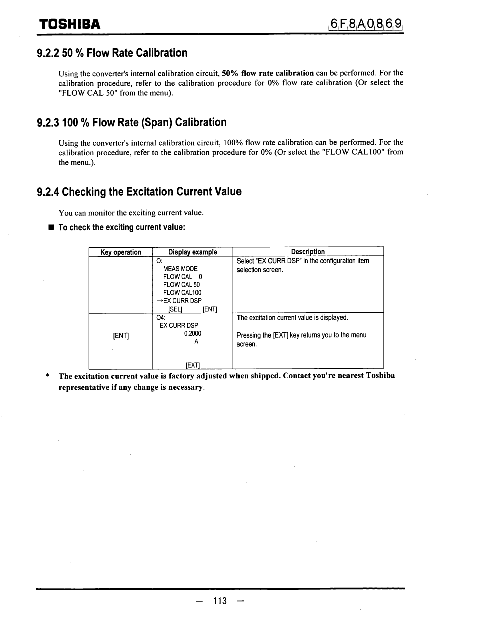 2 50 % flow rate calibration, 3100 % flow rate (span) calibration, 4 checking the excitation current value | To check the exciting current value, 3 100 % flow rate (span) calibration, Toshiba | Toshiba LF600F User Manual | Page 114 / 162