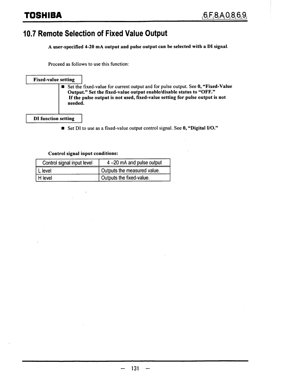 7 remote selection of fixed value output, Toshiba, 6,f|8 | Toshiba LF600F User Manual | Page 132 / 162