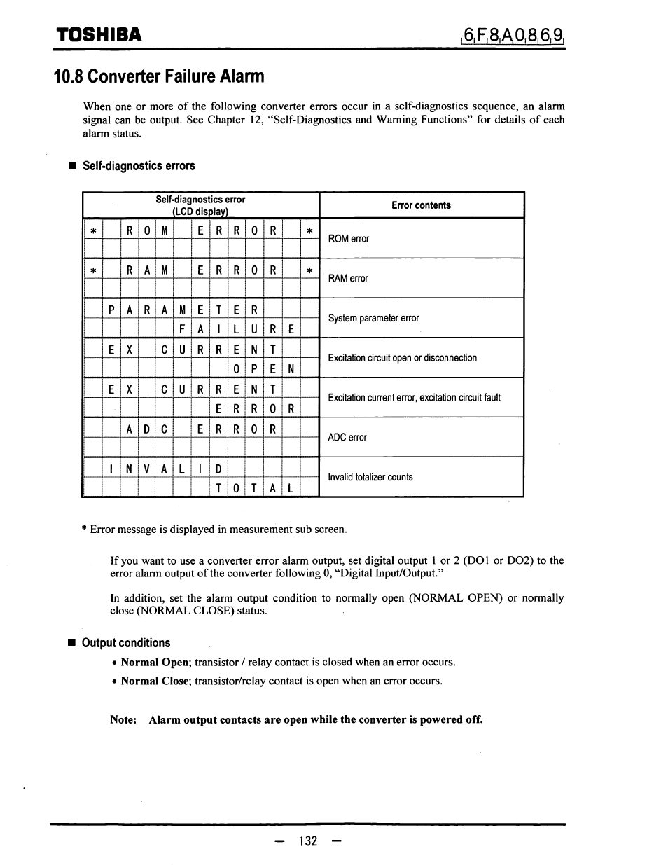 8 converter failure alarm, Self-diagnostics errors, Output conditions | Toshiba | Toshiba LF600F User Manual | Page 133 / 162