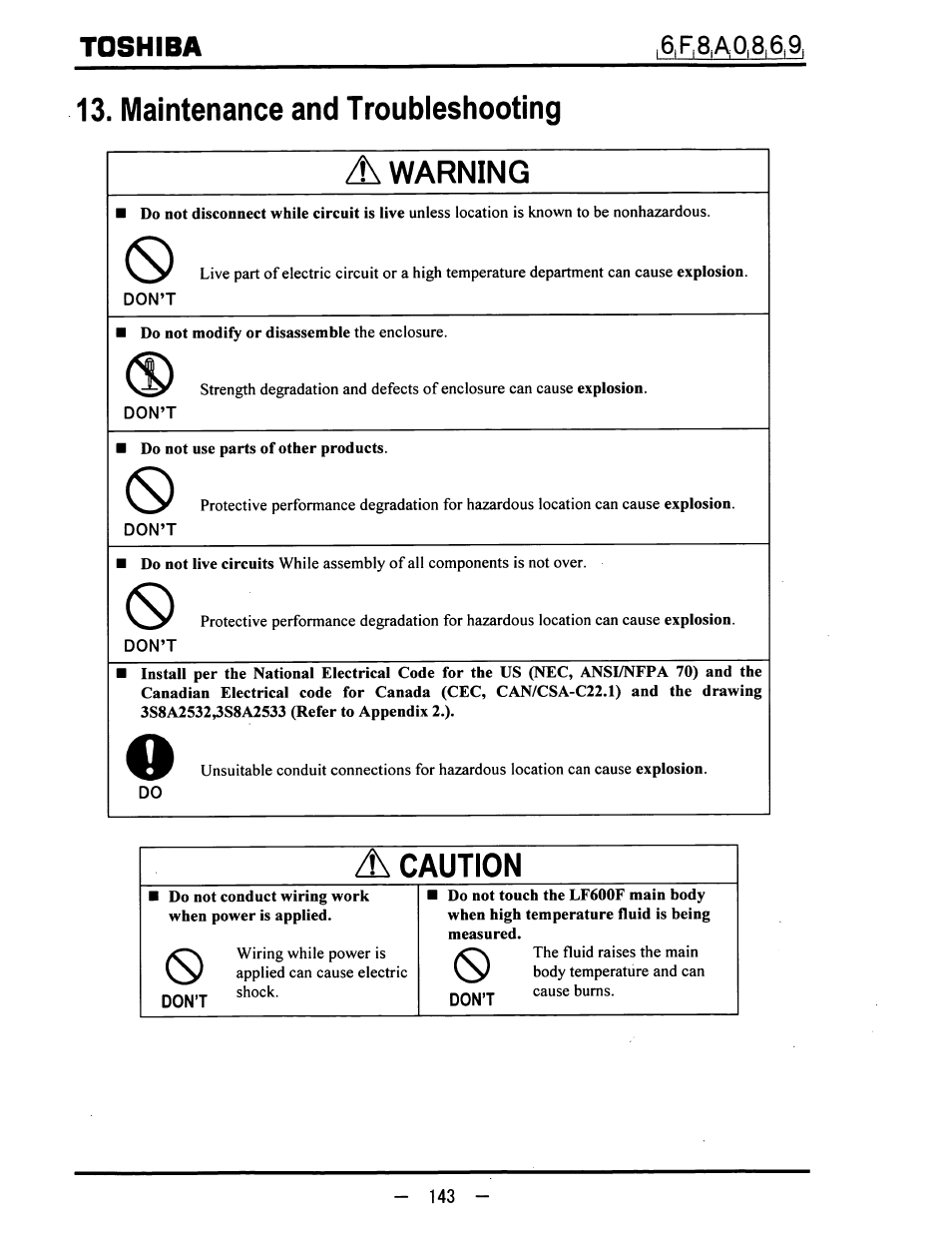 Maintenance and troubleshooting, A warning, Don’t | Toshiba, Warning, Caution | Toshiba LF600F User Manual | Page 144 / 162