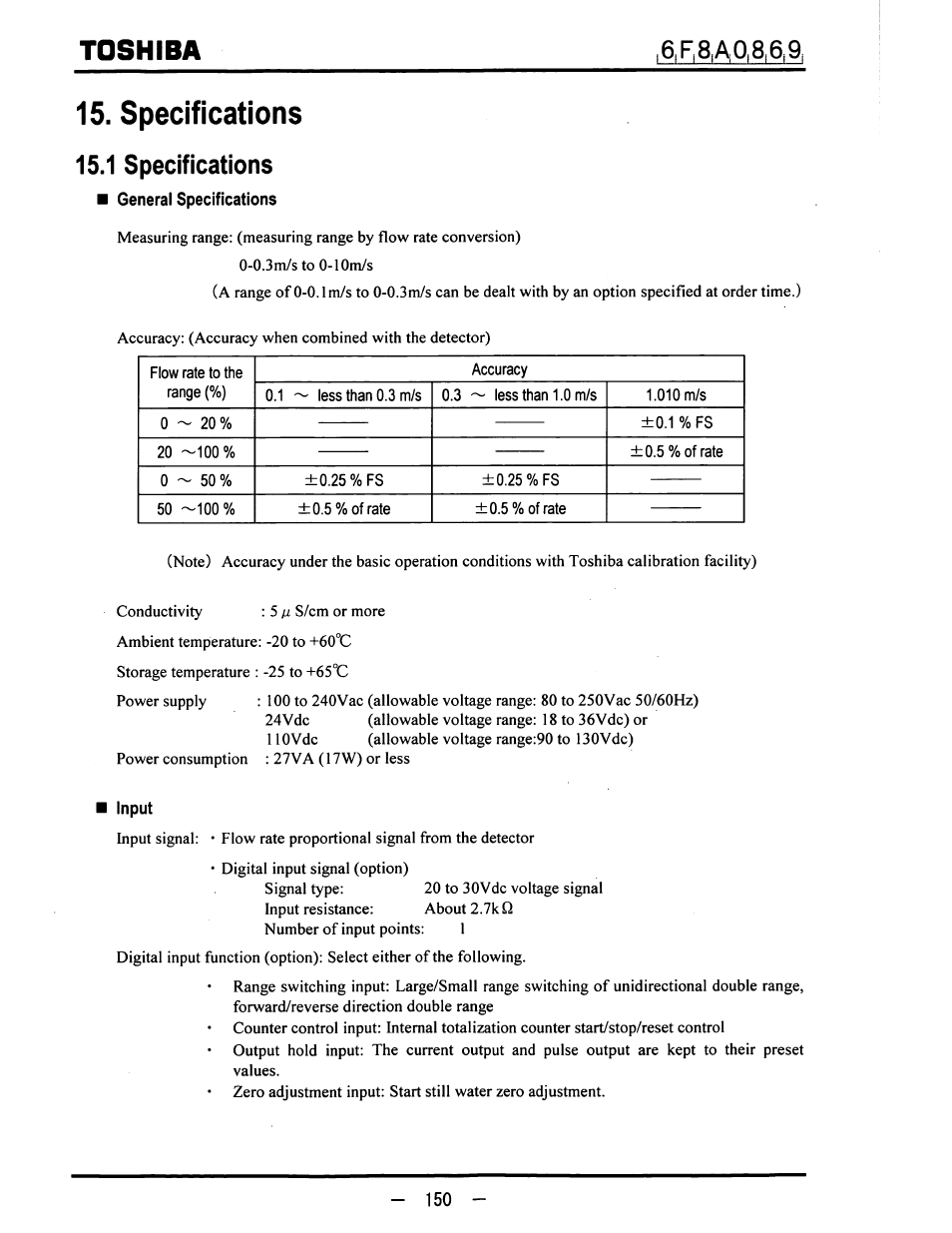 Specifications, 1 specifications, General specifications | Flow rate to the range (%), Accuracy, Less than 0.3 m/s 0.3 — less than 1.0 m/s, 25 %fs, 5% of rate, 010 m/s, Input | Toshiba LF600F User Manual | Page 151 / 162