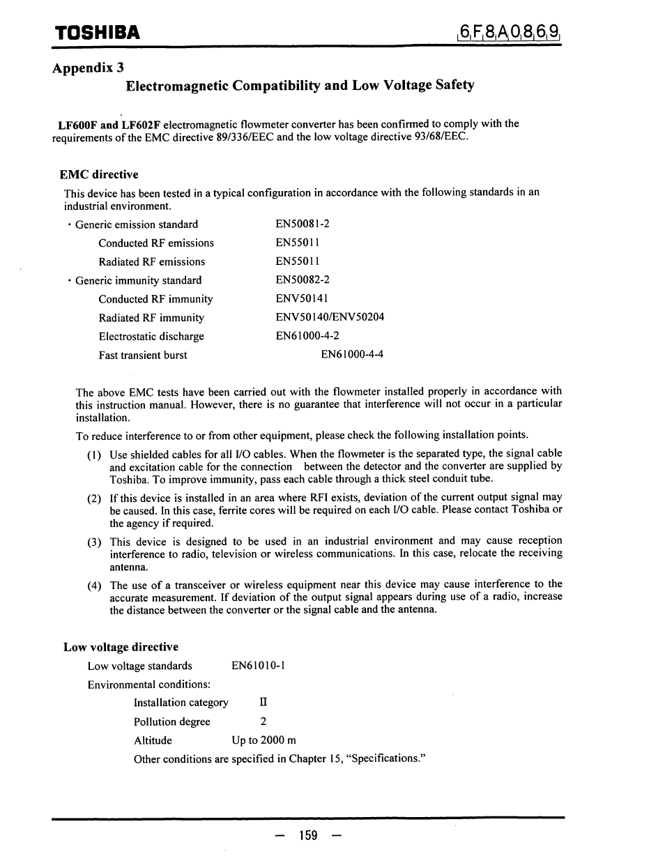 Appendix 3, Emc directive, Low voltage directive | Toshiba | Toshiba LF600F User Manual | Page 160 / 162