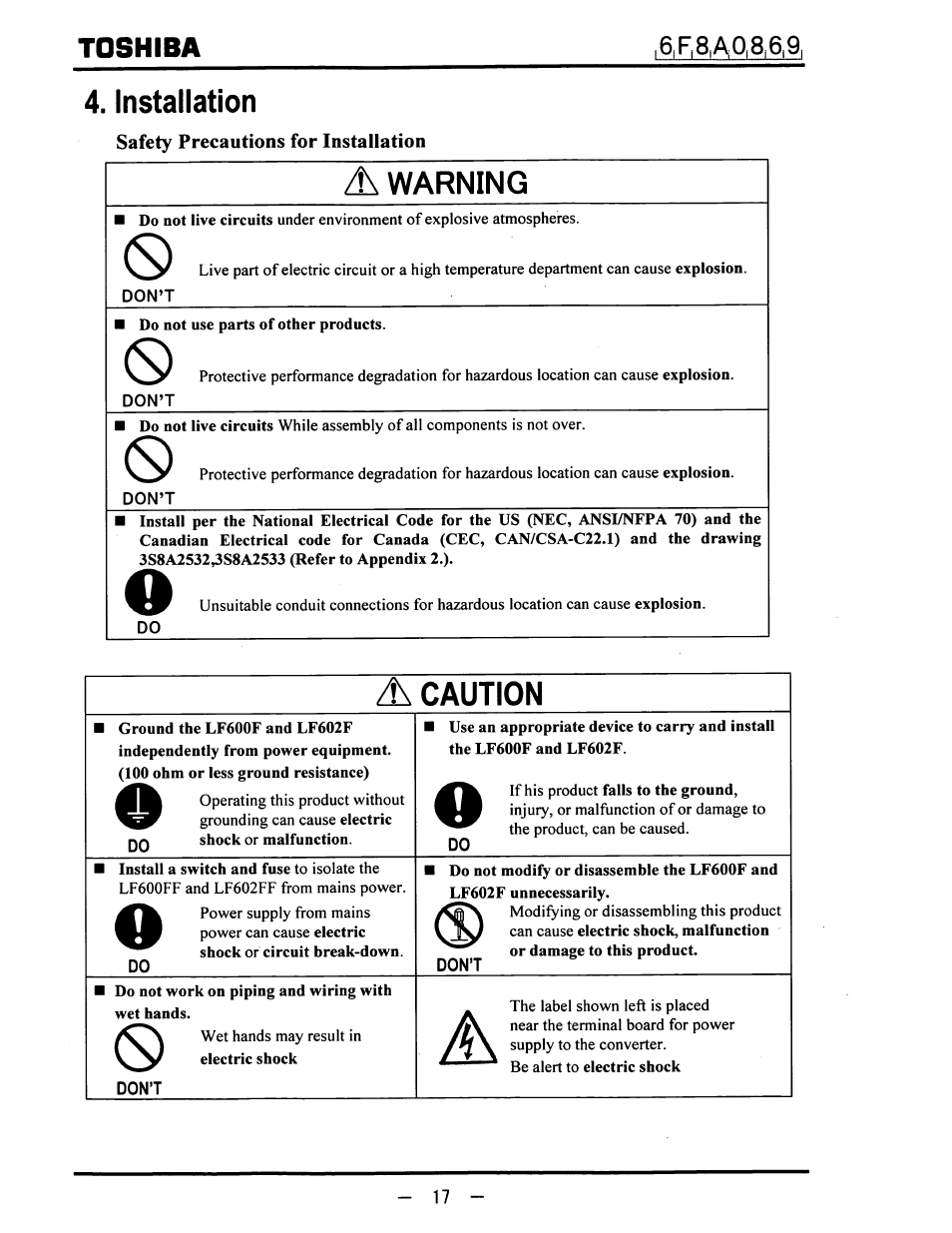 Toshiba, Installation, Safety precautions for installation | A warning, Don’t, Warning, A caution | Toshiba LF600F User Manual | Page 18 / 162