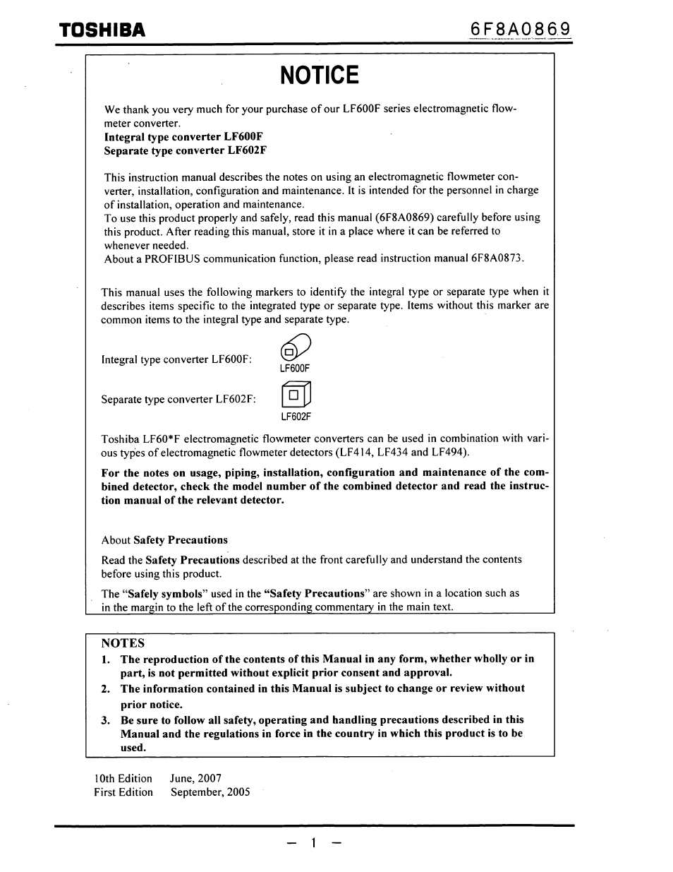 Toshiba, 6f8a0869, Notice | Notes | Toshiba LF600F User Manual | Page 2 / 162