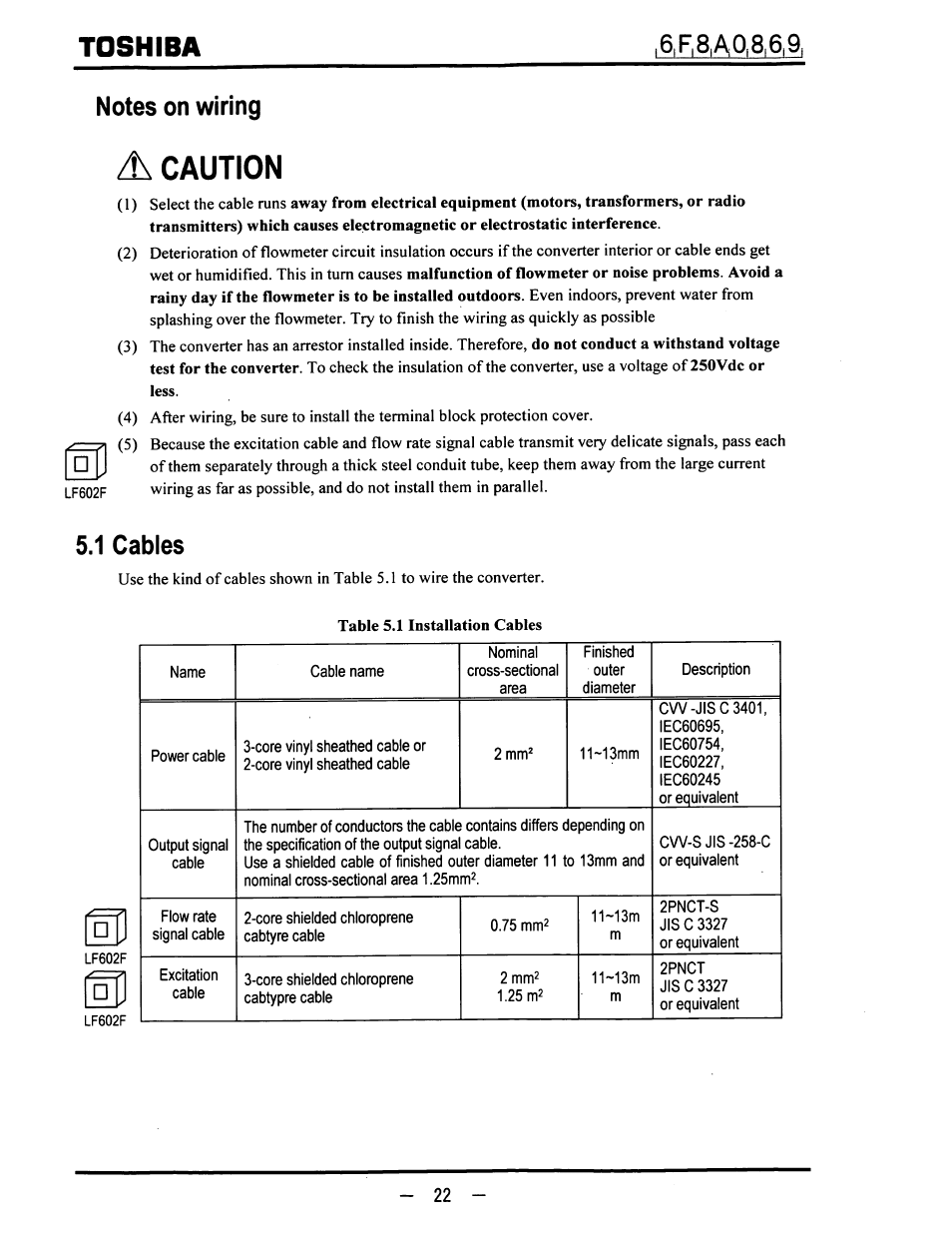Notes on wiring, A caution, 1 cables | Toshiba | Toshiba LF600F User Manual | Page 23 / 162