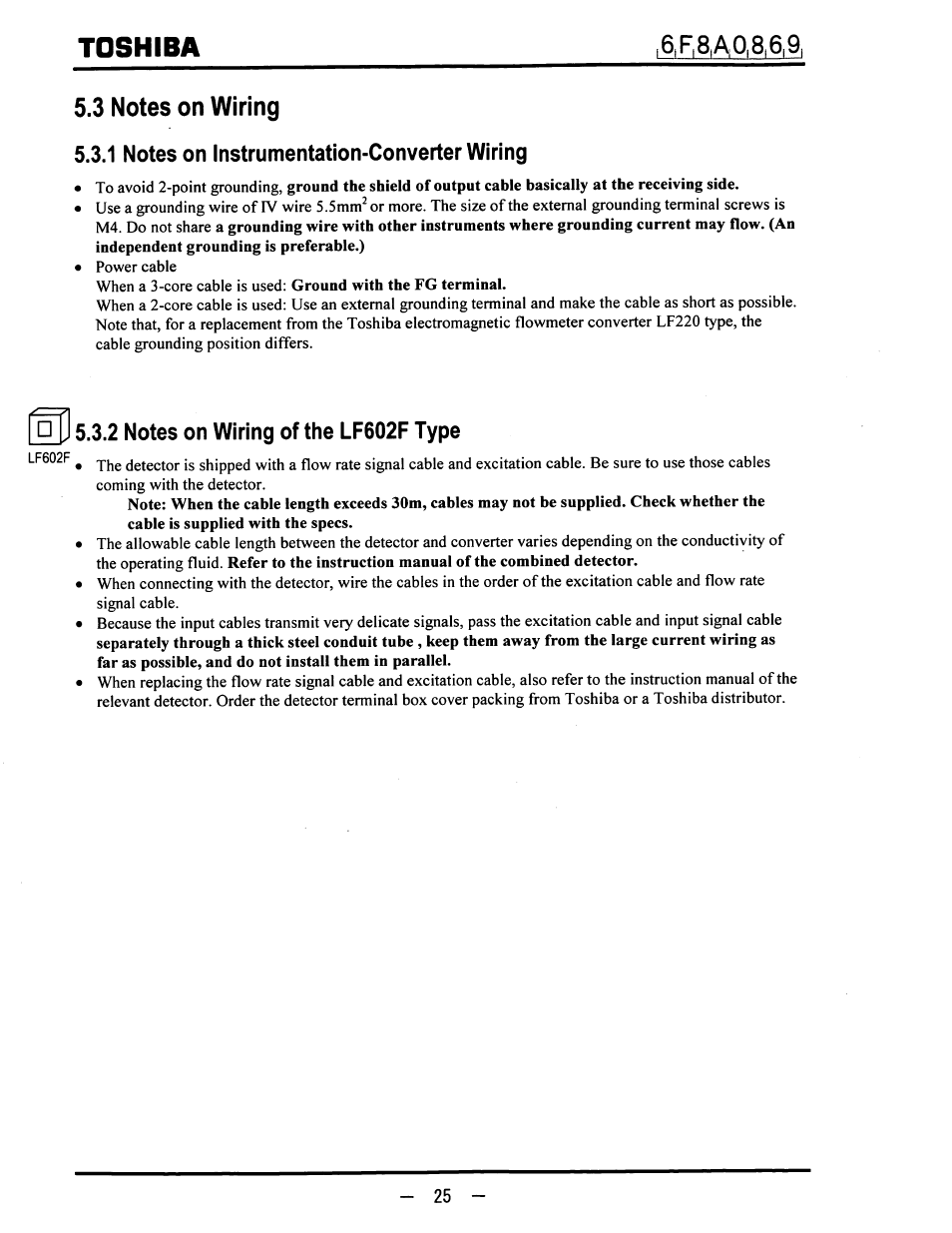 3 notes on wiring, 1 notes on instrumentation-converter wiring, 2 notes on wiring of the lf602f type | Toshiba | Toshiba LF600F User Manual | Page 26 / 162