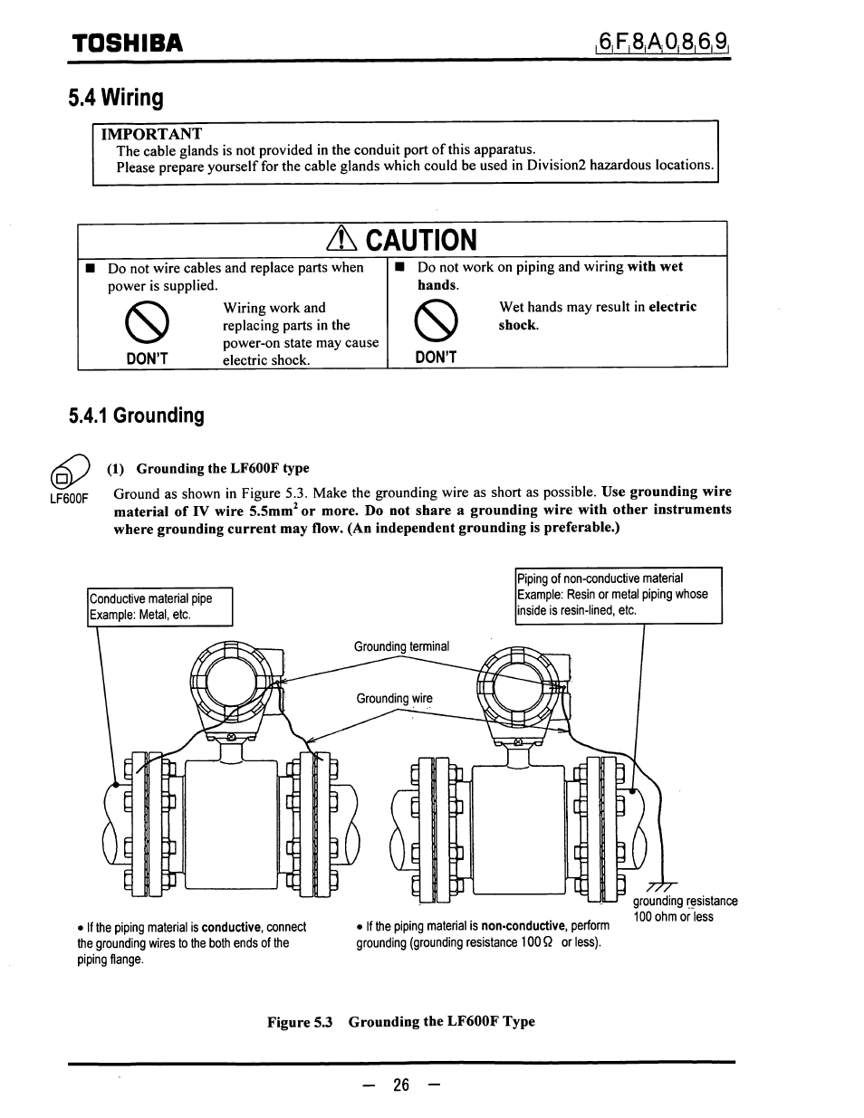 4 wiring, Important, 1 grounding | Toshiba, A caution | Toshiba LF600F User Manual | Page 27 / 162