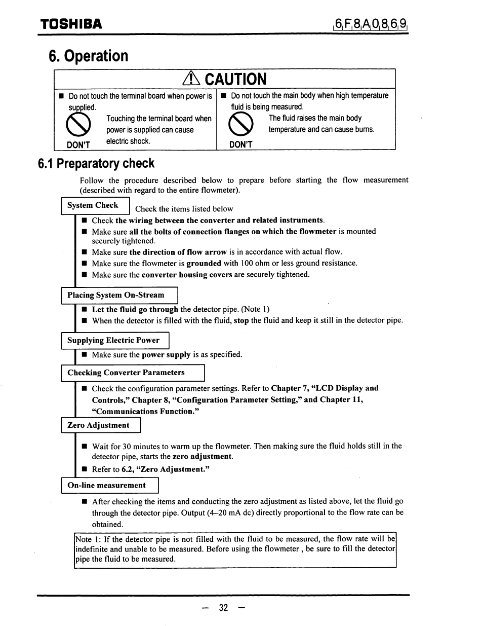 Operation, 1 preparatory check, Toshiba | Operation a caution | Toshiba LF600F User Manual | Page 33 / 162