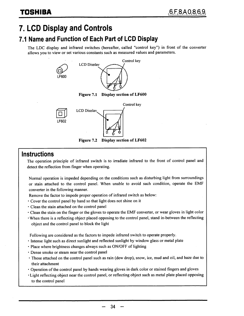Lcd display and controls, 1 name and function of each part of lcd display, Instructions | Toshiba | Toshiba LF600F User Manual | Page 35 / 162