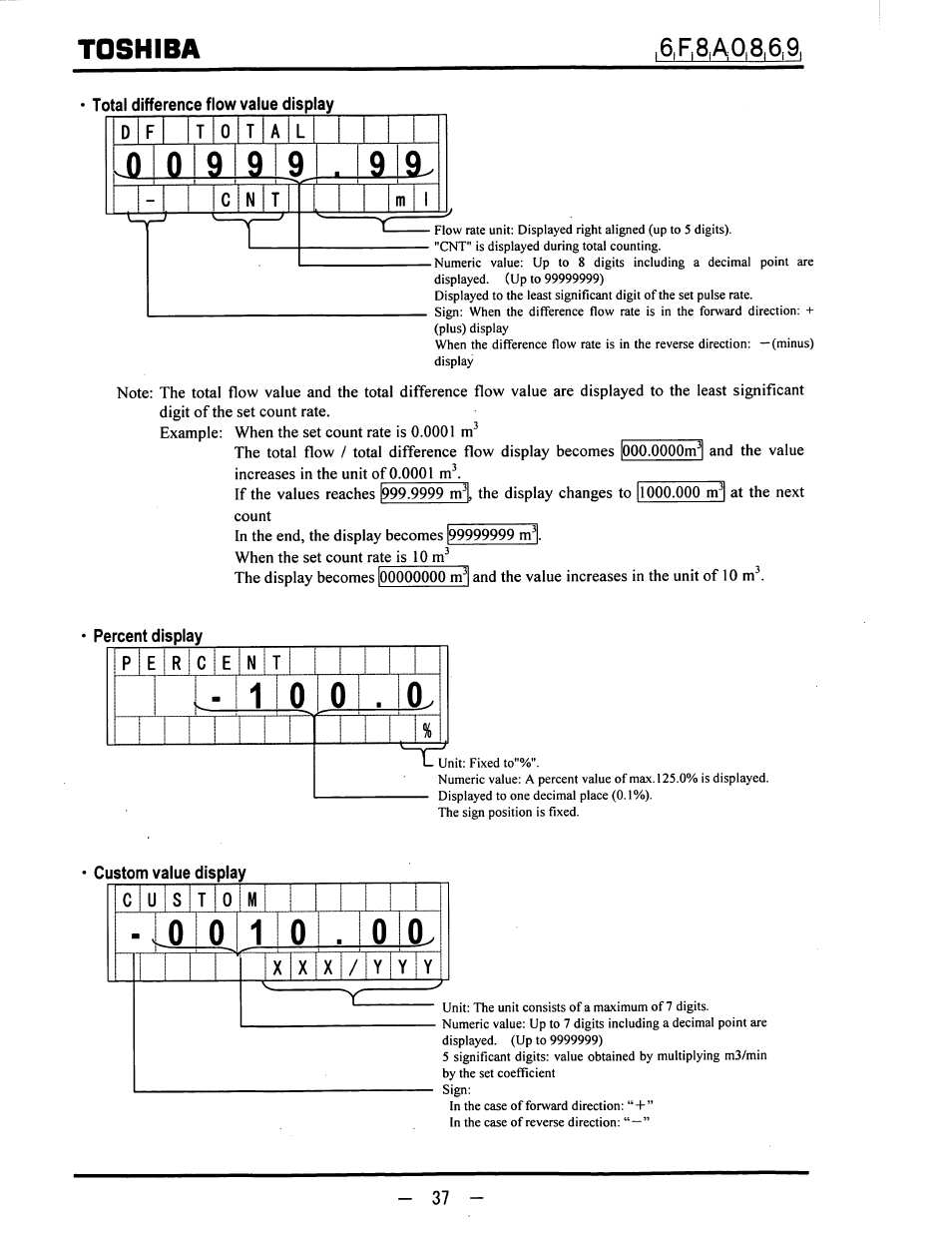 Al difference f ow value display, Percent display, Custom value display | T | o, Toshiba, Ii i, O l o 1 0 | Toshiba LF600F User Manual | Page 38 / 162