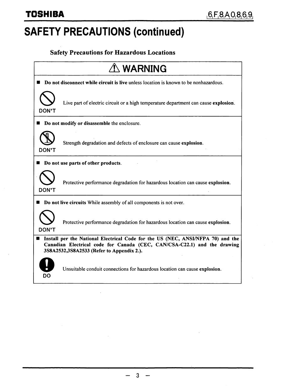 Safety precautions (continued), Safety precautions for hazardous locations, A warning | Don’t, Warning, Toshiba | Toshiba LF600F User Manual | Page 4 / 162