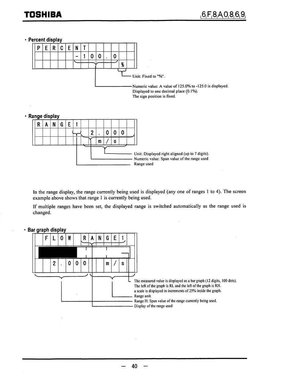 Percent display, Range display, Bar graph display | Toshiba | Toshiba LF600F User Manual | Page 41 / 162