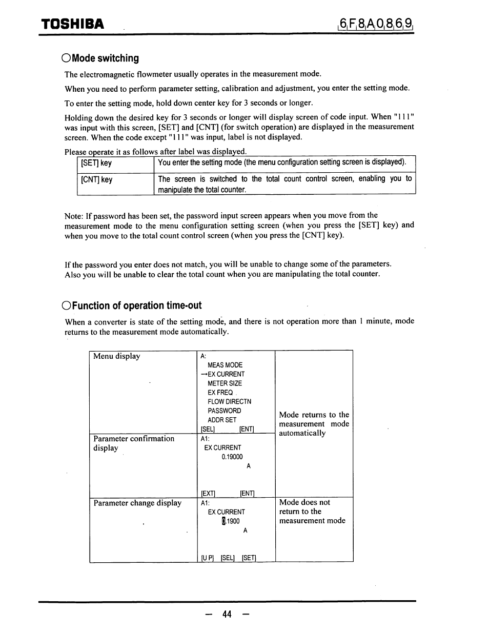 O mode switching, O function of operation time-out, Toshiba | Toshiba LF600F User Manual | Page 45 / 162