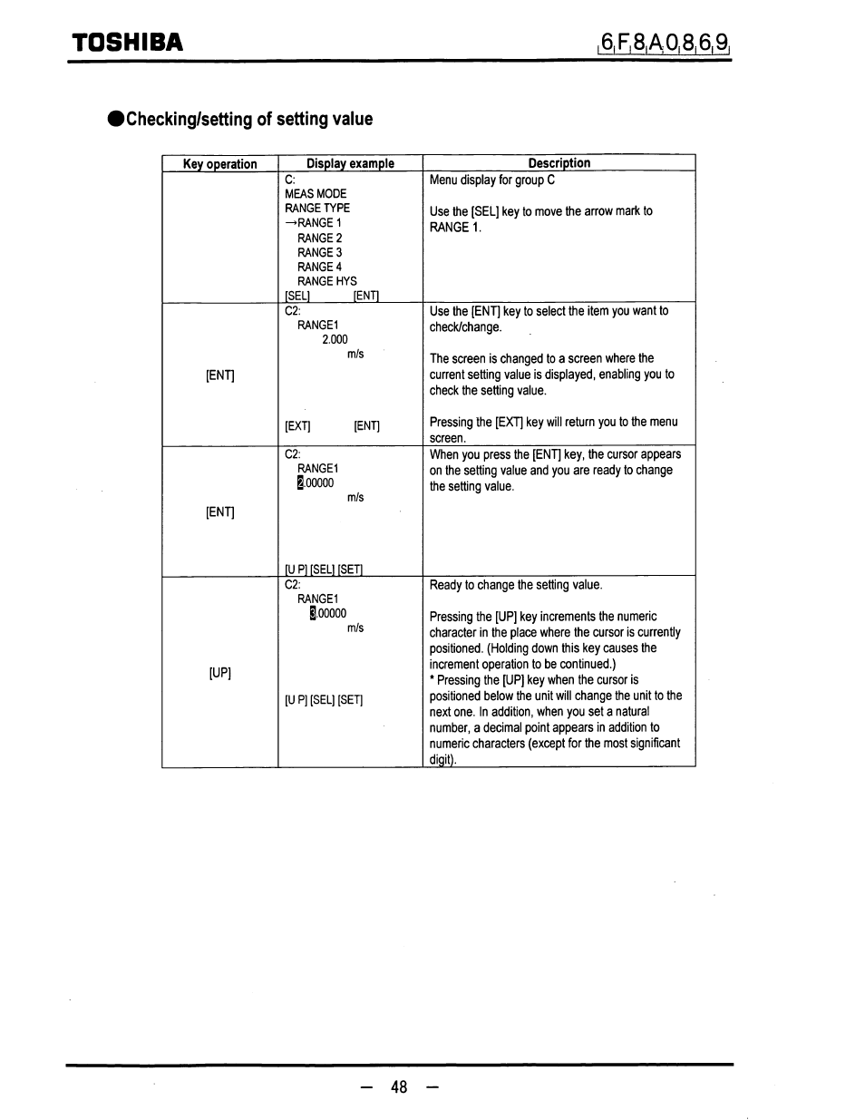 Checking/setting of setting value, Toshiba | Toshiba LF600F User Manual | Page 49 / 162