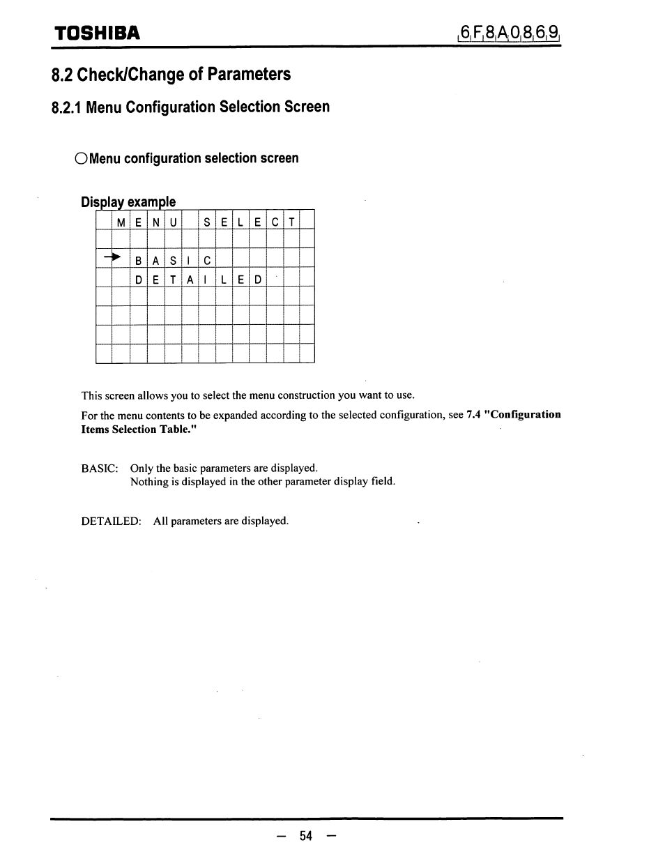 2 check/change of parameters, 1 menu configuration seiection screen, 1 menu configuration selection screen | Toshiba | Toshiba LF600F User Manual | Page 55 / 162