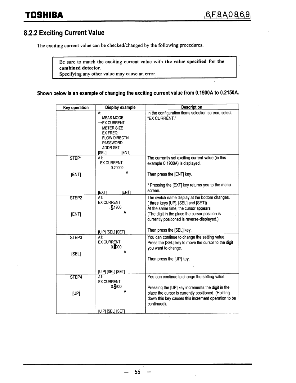2 exciting current vaiue, 2 exciting current value, Toshiba | Toshiba LF600F User Manual | Page 56 / 162