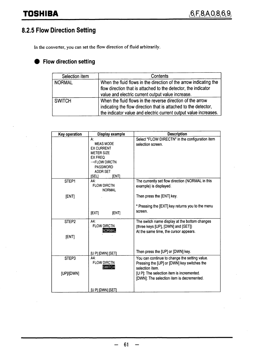 5 flow direction setting, Flow direction setting, Toshiba | Toshiba LF600F User Manual | Page 62 / 162