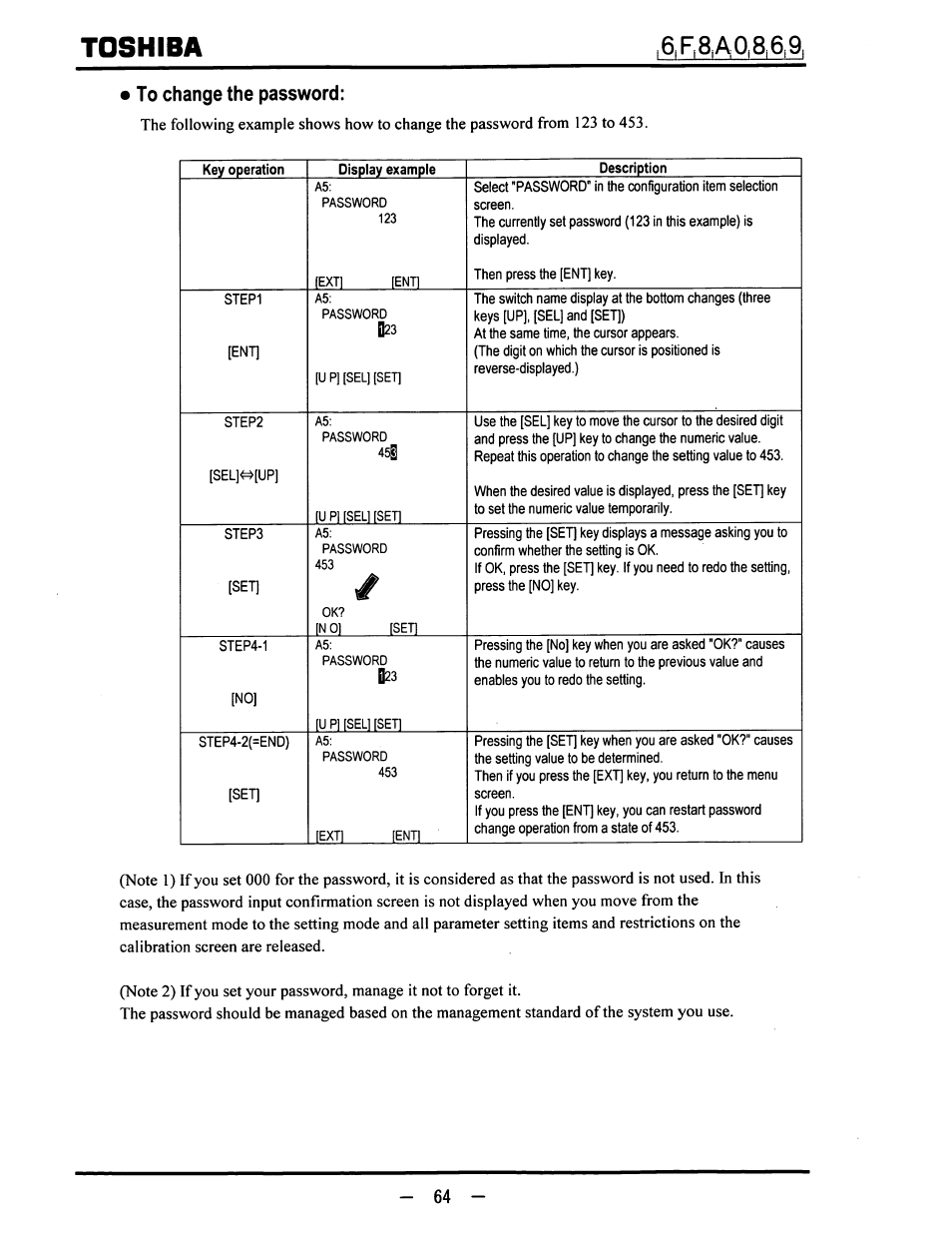 To change the password, Toshiba | Toshiba LF600F User Manual | Page 65 / 162