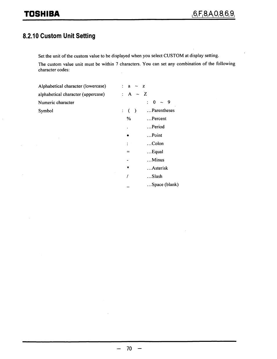 Toshiba, 10 custom unit setting, 6,f,8 | Toshiba LF600F User Manual | Page 71 / 162