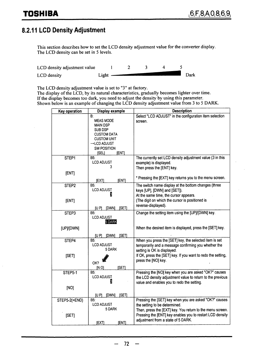 Toshiba, 11 lcd density adjustment | Toshiba LF600F User Manual | Page 73 / 162